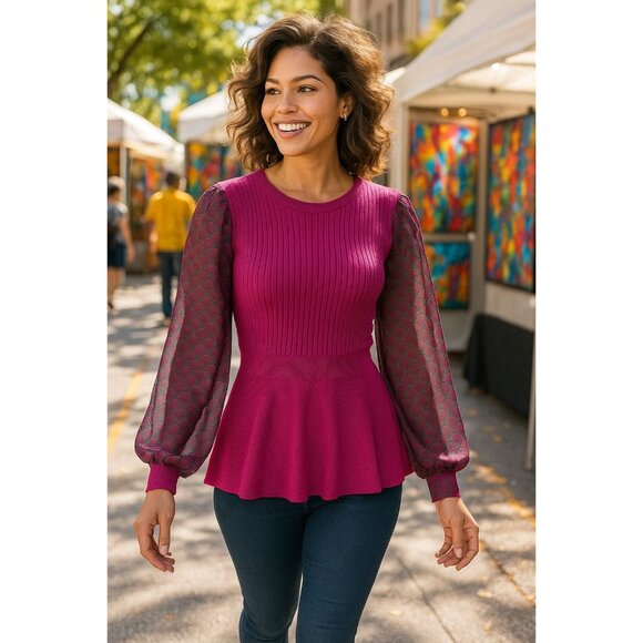 89th Madison NWT Medium Sheer Magenta Haze Knit Peplum Top Mesh Balloon Sleeves - Picture 1 of 12